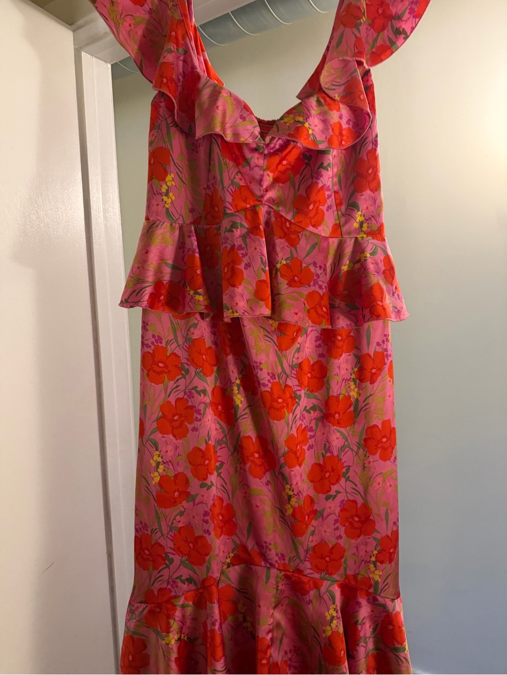 Show Me Your MuMu Pink Midi Dress with Red Floral Print